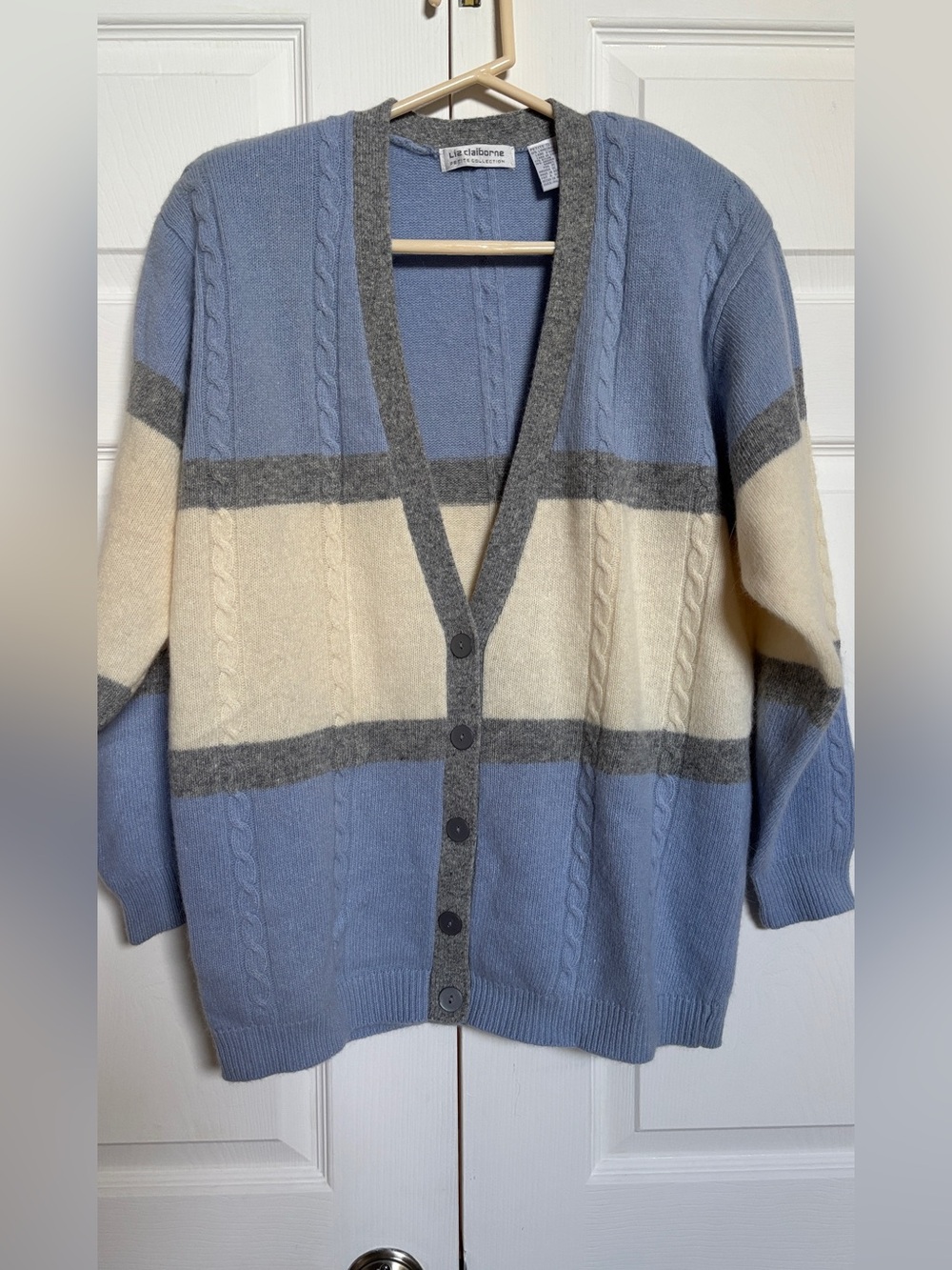 Liz Claiborne Petite S Lambswool Angora Cable Knit Cardigan Blue Gray - Picture 2 of 7